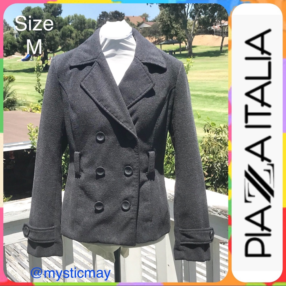 Vintage PIAZZA ITALIA Gunmetal Gray Double Breasted Pea Jacket Short Coat Size M